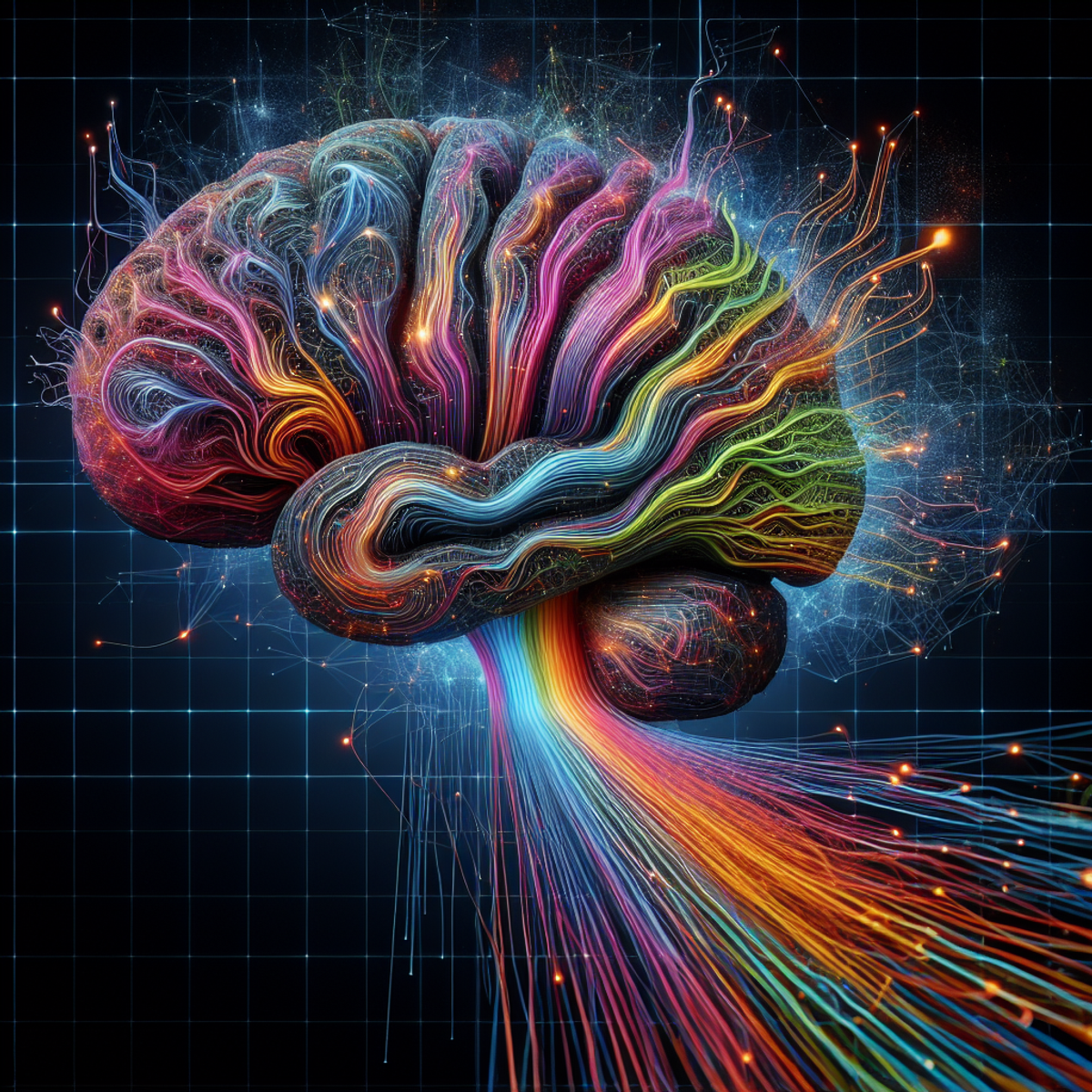 An energetic and vibrant brain with colorful lines symbolizing data transmission.