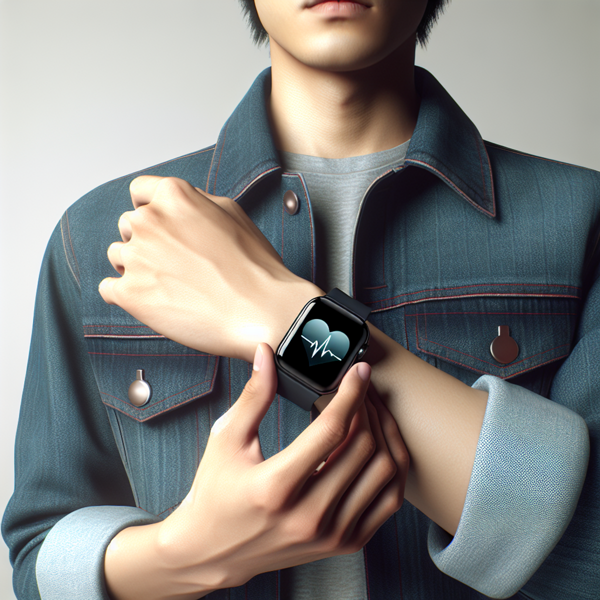 A close-up photo of an East Asian man wearing a smartwatch, with the heart rate monitor icon displayed on the screen.