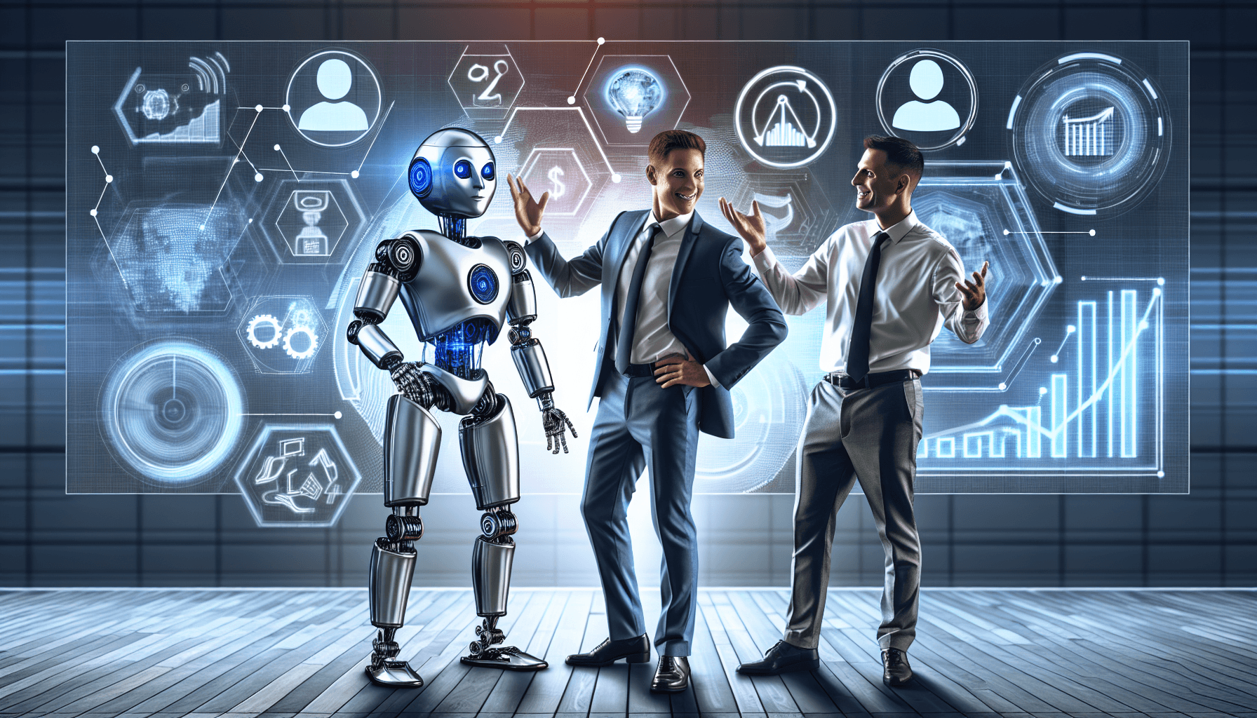 KI Copy Cash System von AI Mazing (Florian & Joscha) 1 Zwei Online-Marketer, einer kaukasisch und einer hispanisch, diskutieren lebhaft über fortschrittliche Marketing-Tools in einem modernen Büro. Im Hintergrund sind Elemente der künstlichen Intelligenz und Symbole des digitalen Marketings wie Grafiken und virtuelle Assistenten-Roboter zu sehen, die eine Atmosphäre von Begeisterung und Produktivität schaffen.