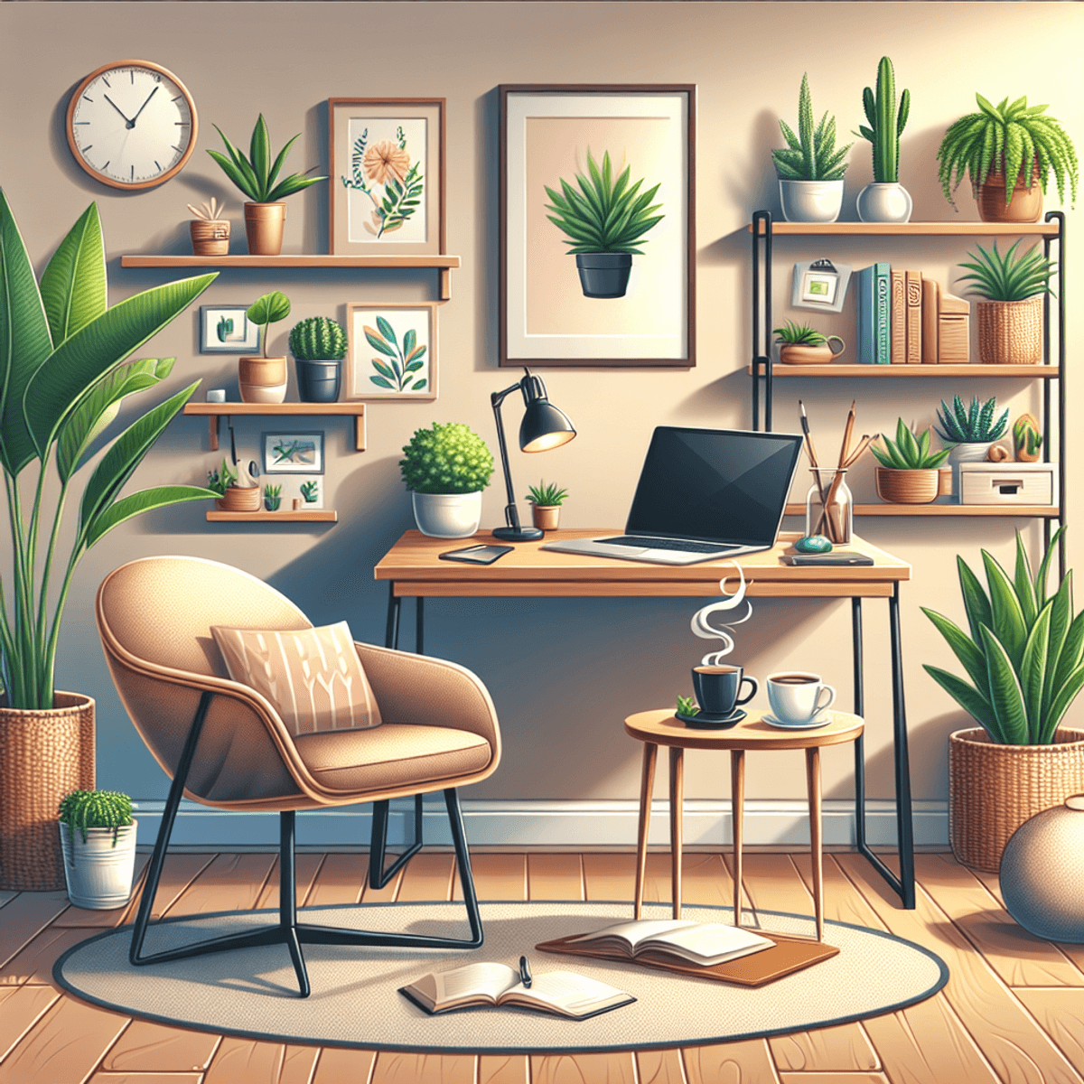 A cozy home office with a sleek laptop open on a wooden desk, a steaming cup of coffee beside it. Lush green plants in decorative pots are scattered around, adding a touch of nature. A plush, inviting chair sits nearby, and a small bookshelf filled with books, photos, and personal mementos enhances the space. The warm lighting creates a serene atmosphere that seamlessly blends work and relaxation.