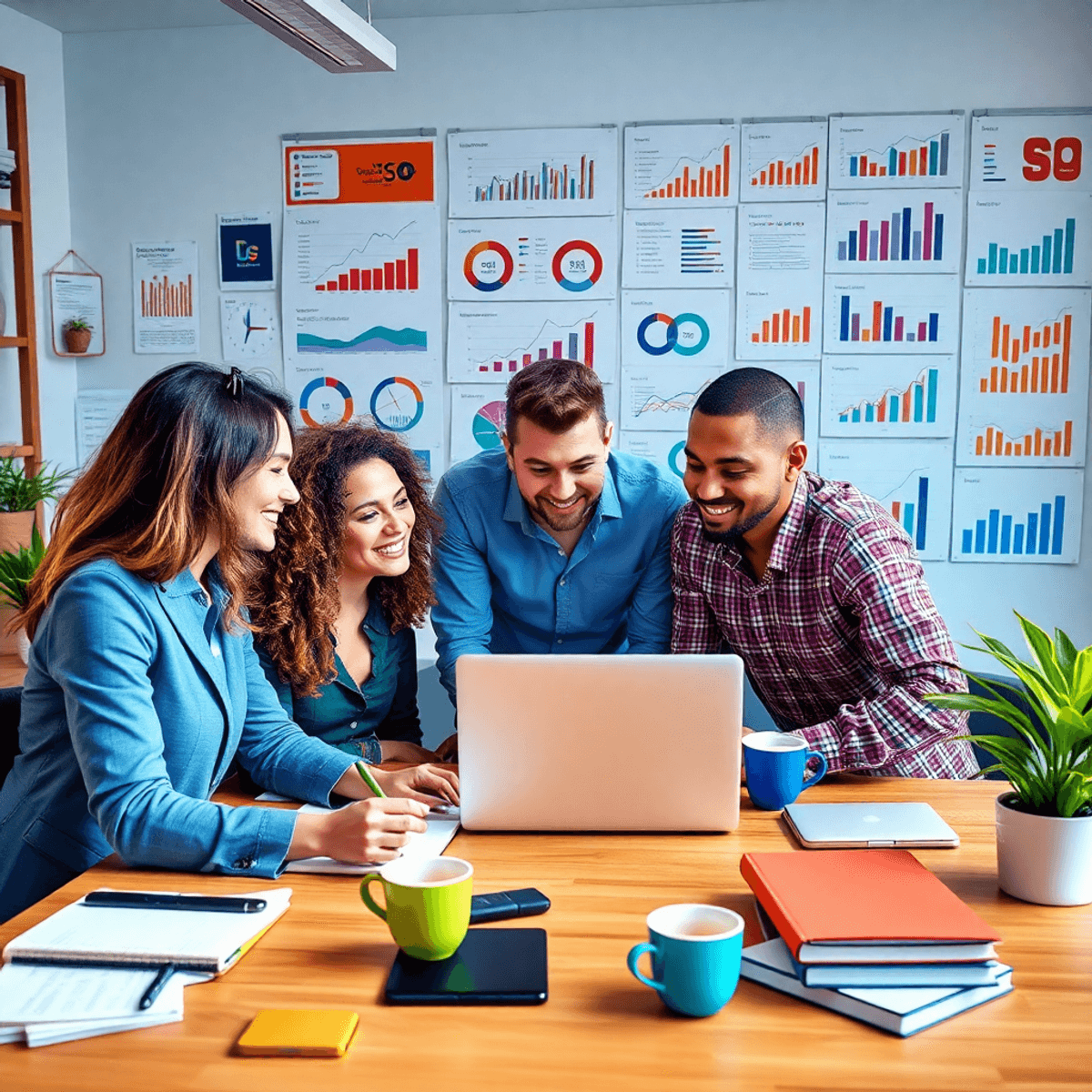 A diverse group of digital marketers collaborates around a laptop in a vibrant workspace, surrounded by SEO charts, notebooks, coffee cups, and digital devices, fostering teamwork and innovation.