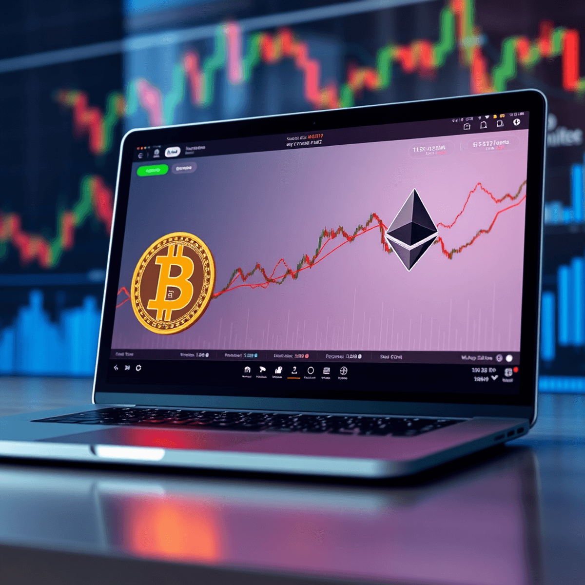 A laptop screen displaying a modern cryptocurrency trading interface with Bitcoin and Ethereum symbols, surrounded by dynamic graphs and charts, conveying innovation in digital finance.