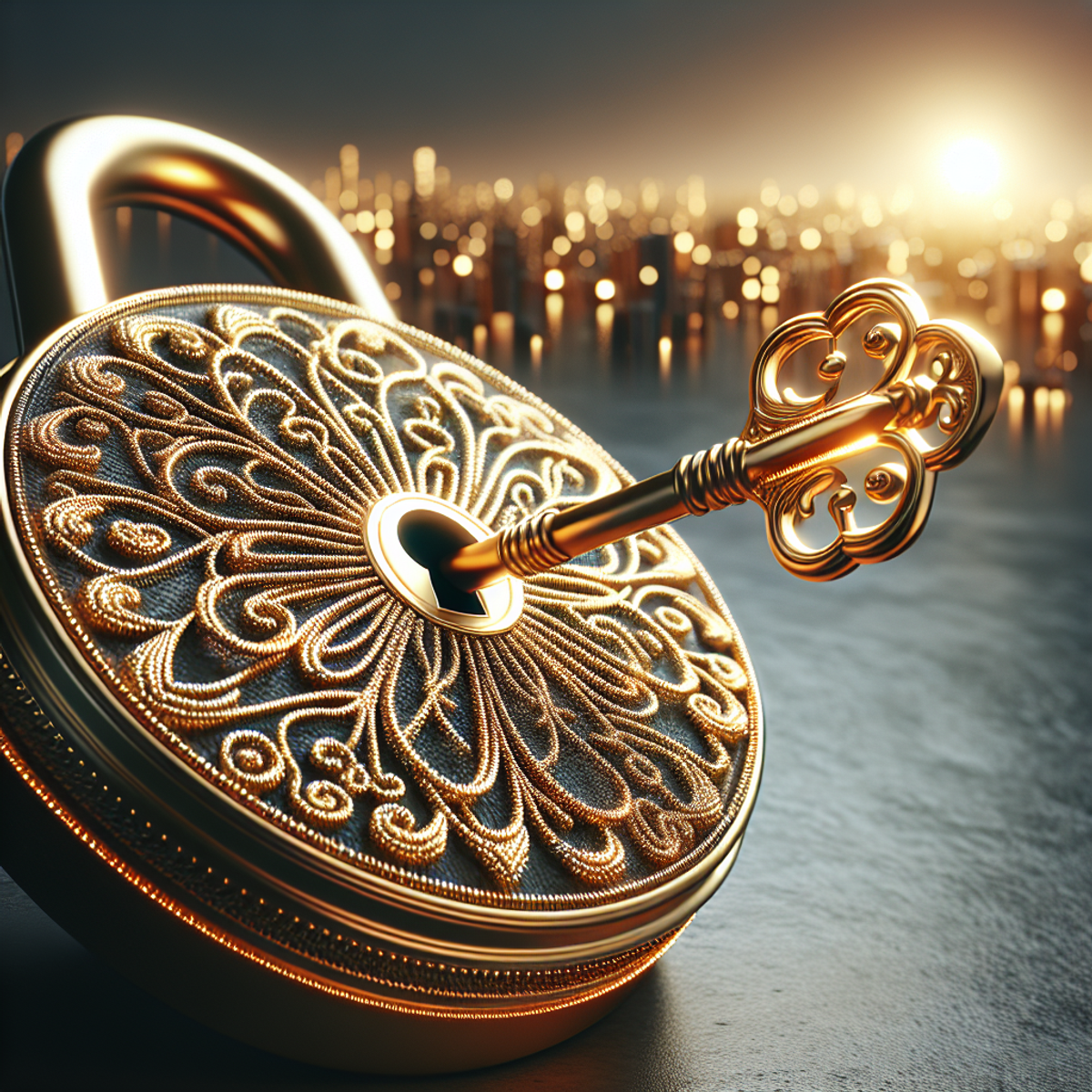 A golden key turning inside a lock with a background hinting at a brighter, more prosperous future.