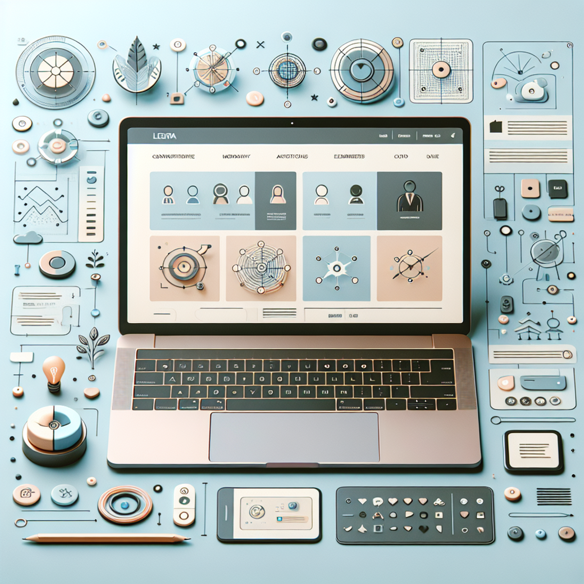 A laptop screen with a modern and clean website theme showcasing smooth lines, minimalistic icons, pastel color schemes, and carefully placed objects.