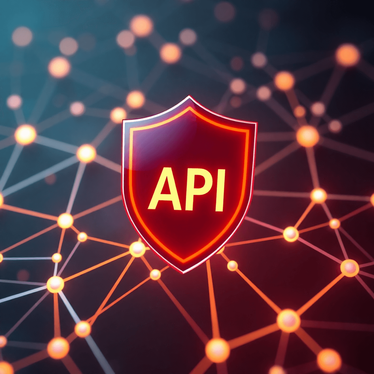 A sleek digital shield icon over a glowing network of interconnected API nodes and data streams, representing strong API security and protection.