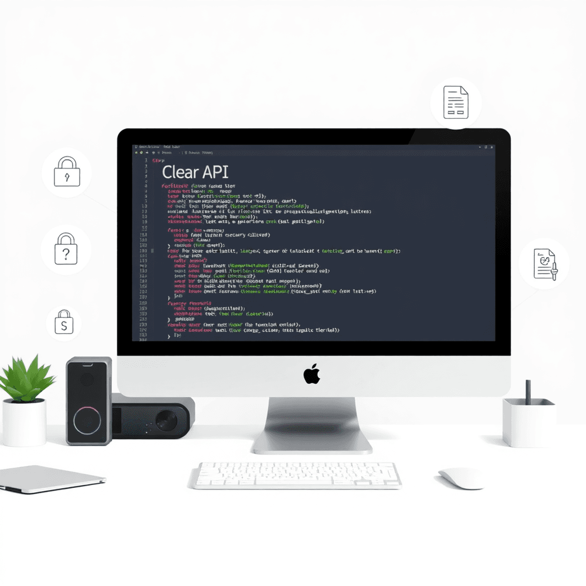 Modern workspace with computer showing API documentation and code, surrounded by icons for security, updates, and testing tools.