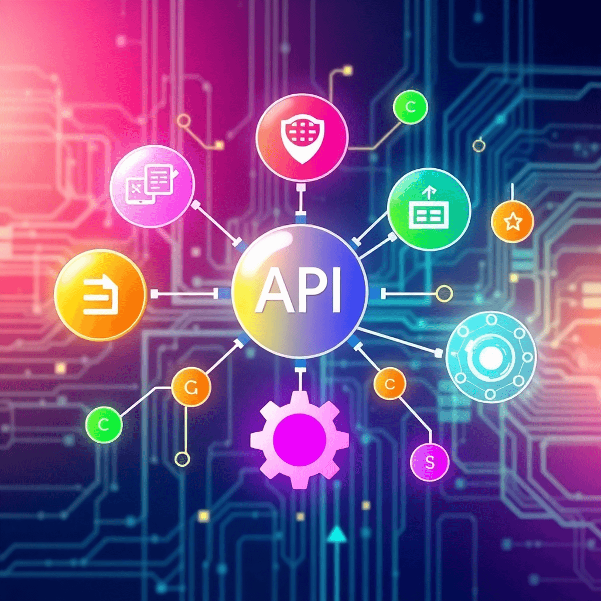 Digital illustration of interconnected web API icons, code brackets, and gears on a sleek modern tech background.