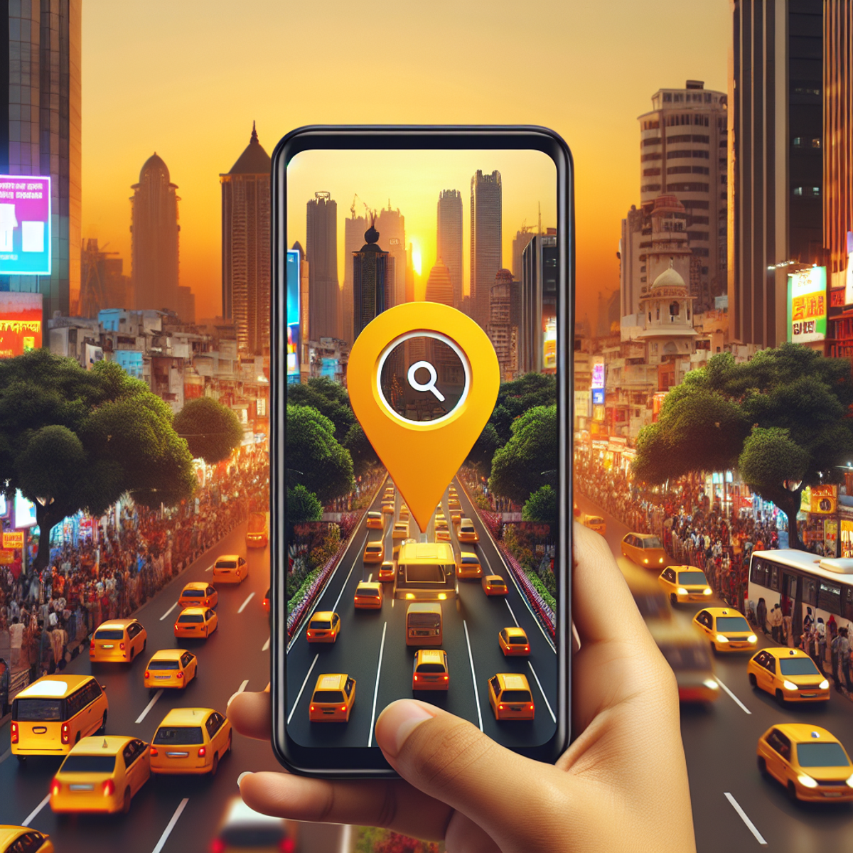 A modern smartphone displaying a yellow circular icon, symbolizing a local search service app, on the screen with a vibrant, bustling cityscape in the background.