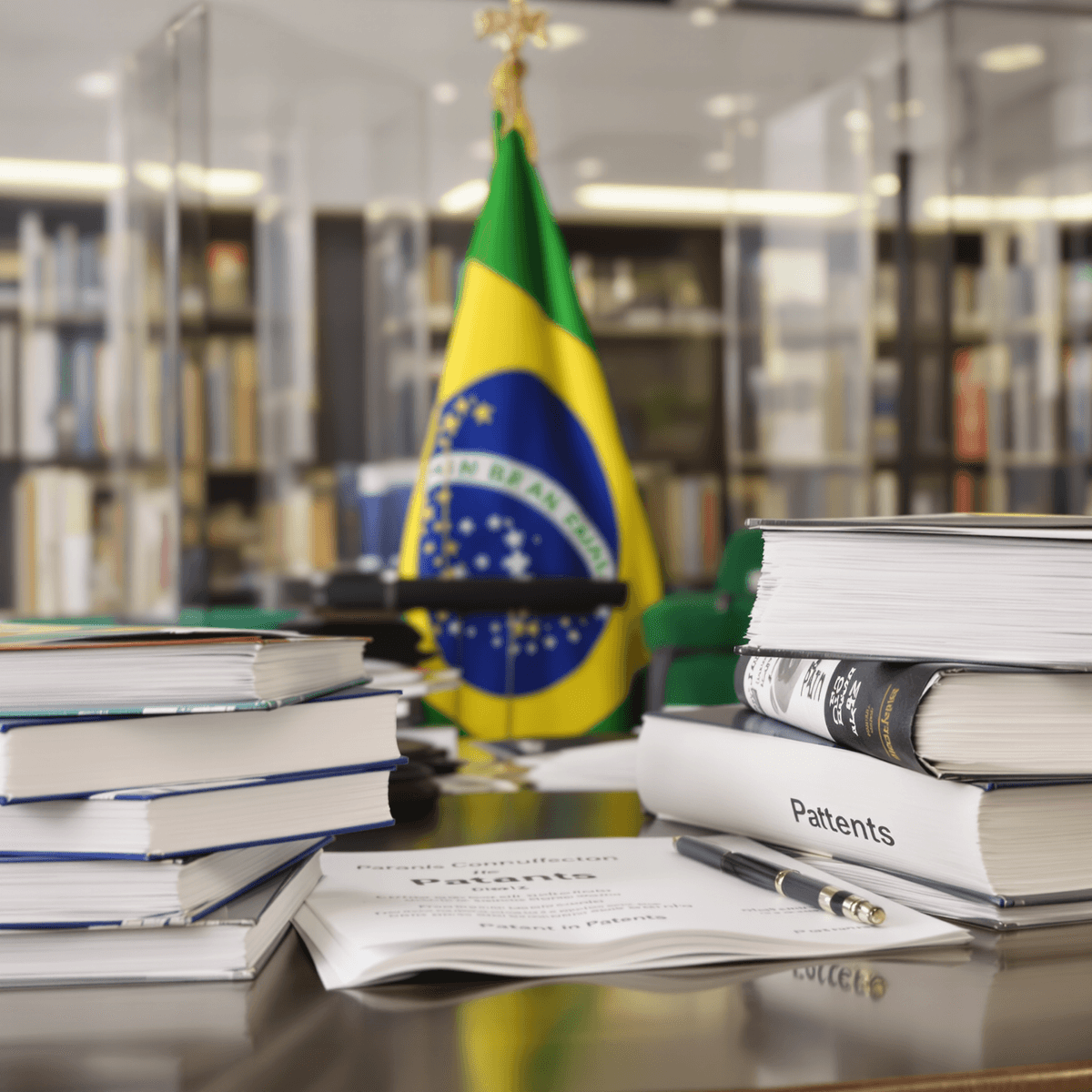 Modern Brazilian courtroom with legal books on patents, documents, and the Brazilian flag subtly in the background, highlighting the intellectual property legal system.