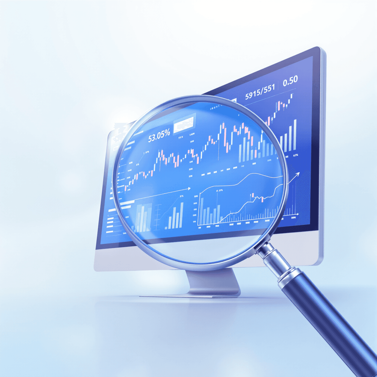 A magnifying glass over a computer screen showing financial graphs and charts, set against a soft blue and white gradient background.