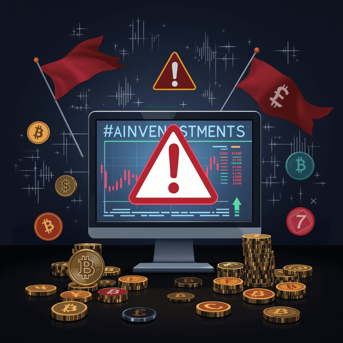 A digital trading screen with warning symbols like exclamation marks and red flags, surrounded by cryptocurrency coins, set against a dark, uncertain background.