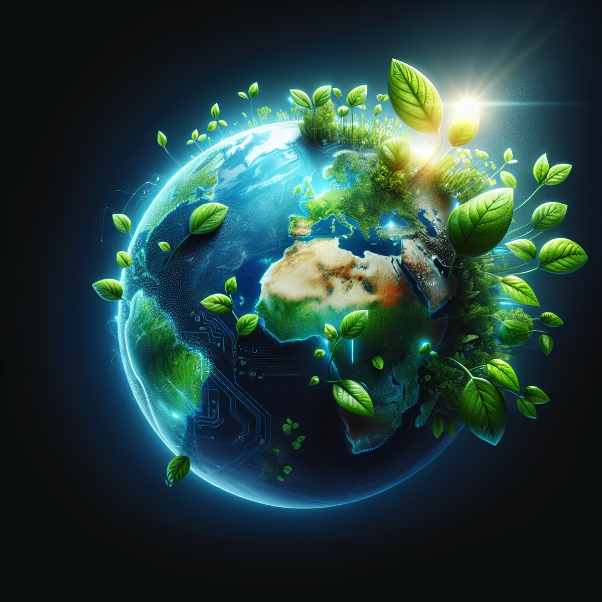 A globe with green and blue continents, adorned with sprouting leaves, basked in soft sunlight.