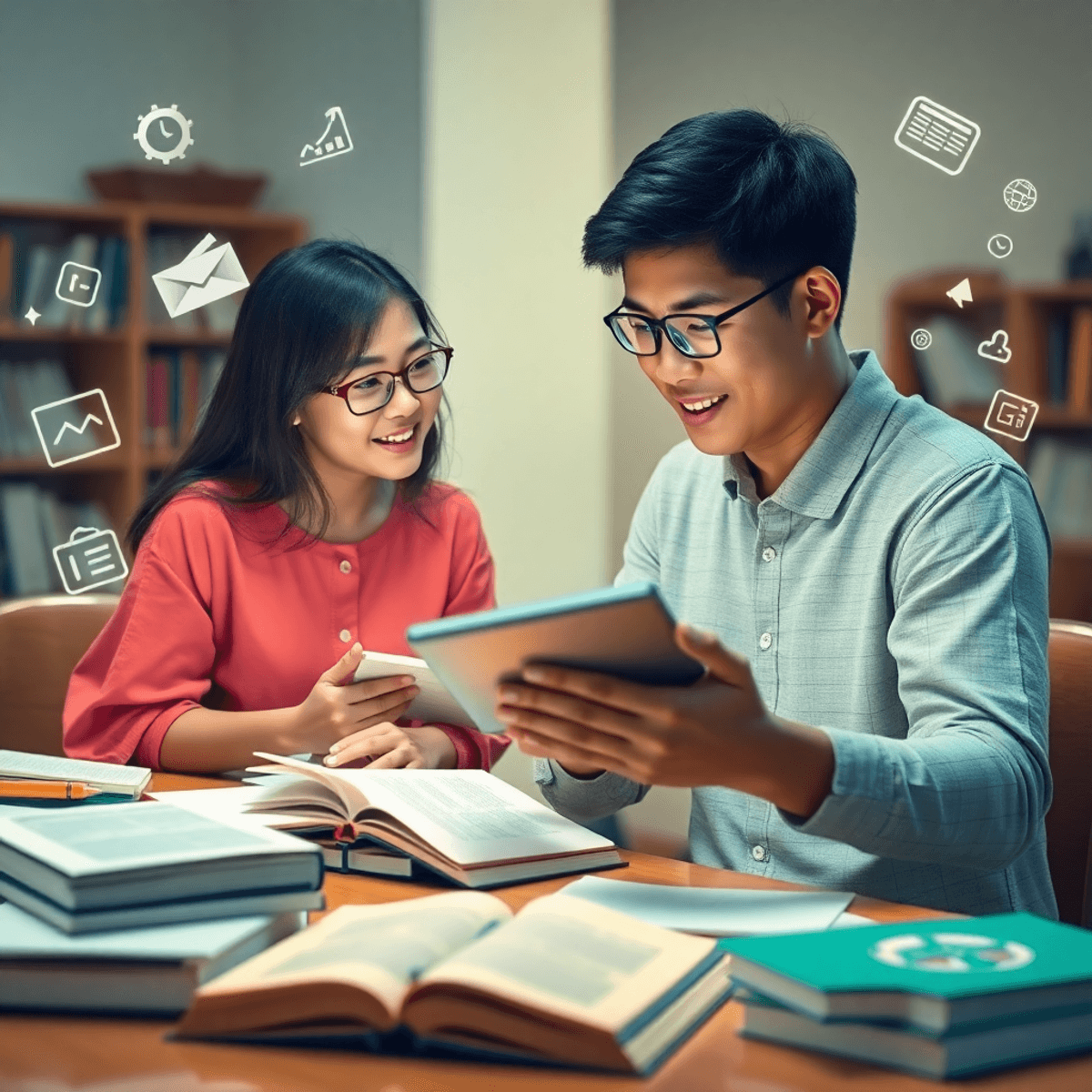 YPT (Yeolpumta): O Aplicativo Que Todo Vestibulando e ENEMzeiro Precisa Conhecer 1 Estudante concentrado usando um tablet, cercado por livros e anotações em um ambiente iluminado, com gráficos e ícones digitais flutuando ao redor.