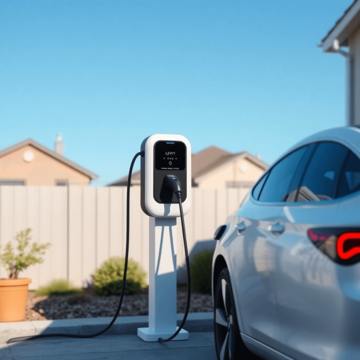 A home setting featuring a Level 1 electric vehicle charging station plugged into a standard household outlet. An electric car is parked nearby, with a clear blue sky in the background, conveying a sense of convenience and accessibility in sustainable transportation.