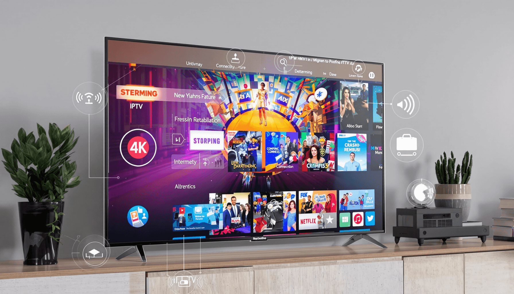 A sleek modern TV showing vibrant 4K UHD content with streaming and internet icons around, highlighting advanced IPTV technology and clear picture quality.