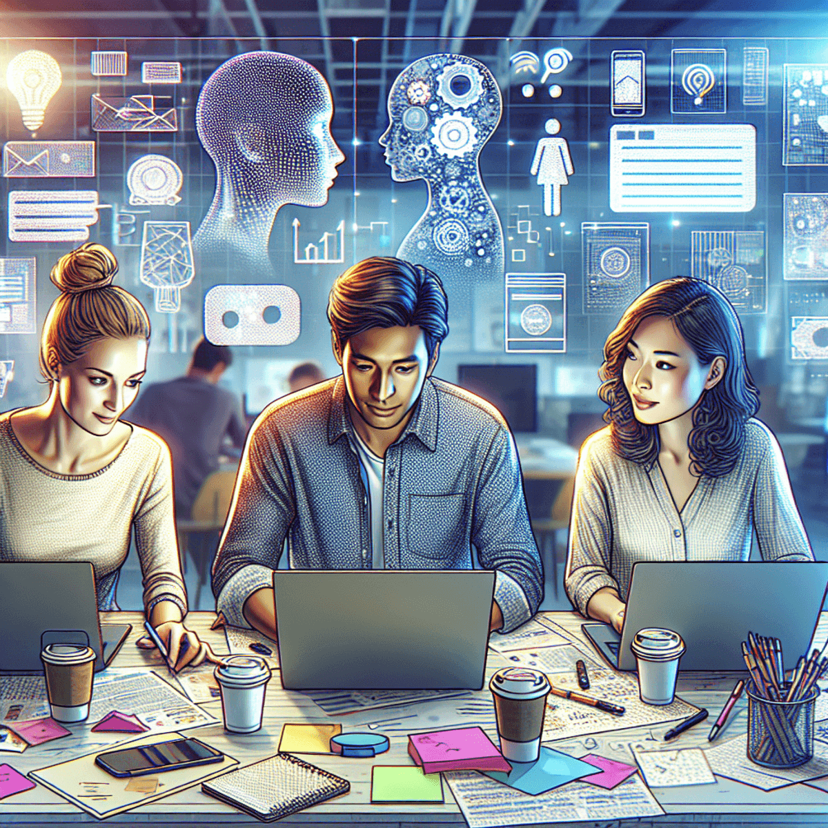 An engaging scene featuring three diverse tech-savvy bloggers in a creative brainstorming session. A Caucasian woman with a bun, a Hispanic man with cropped hair, and an Asian woman with wavy hair collaborate around a large table filled with open laptops, handwritten notes, colorful sticky notes, and coffee cups. The ambient lighting enhances the vibrant atmosphere, while AI-related graphics on their laptop screens hint at their use of digital tools for content creation.