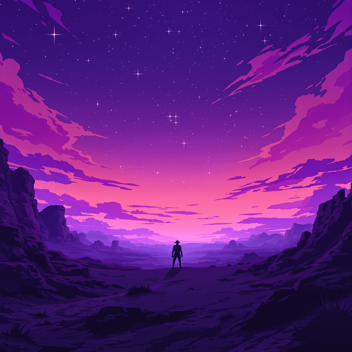 Silhouette of a lone gunslinger in a futuristic desert at twilight under a starry sky, anime-inspired cartoon style.