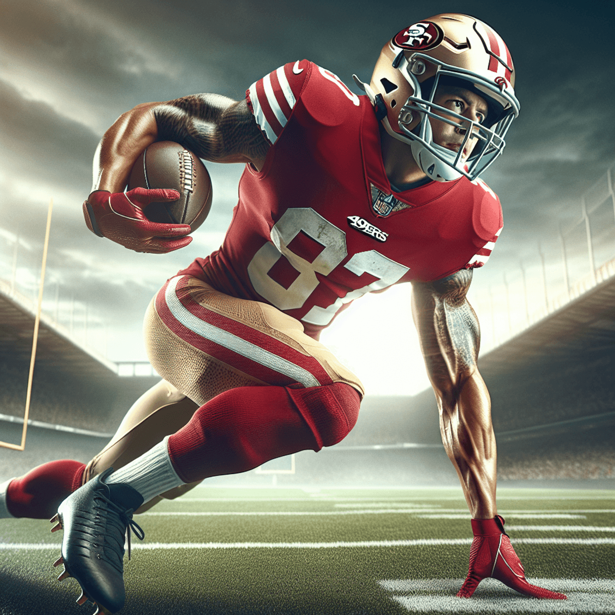 A Hispanic male professional American football player in a dynamic action pose, wearing a red and gold jersey and helmet, representing the San Francisco 49ers. He displays intense determination and resilience as he runs on an expansive football field, emphasizing his role as a running back. The backdrop highlights the context of the game, with the player's focused expression conveying strength in overcoming adversity.