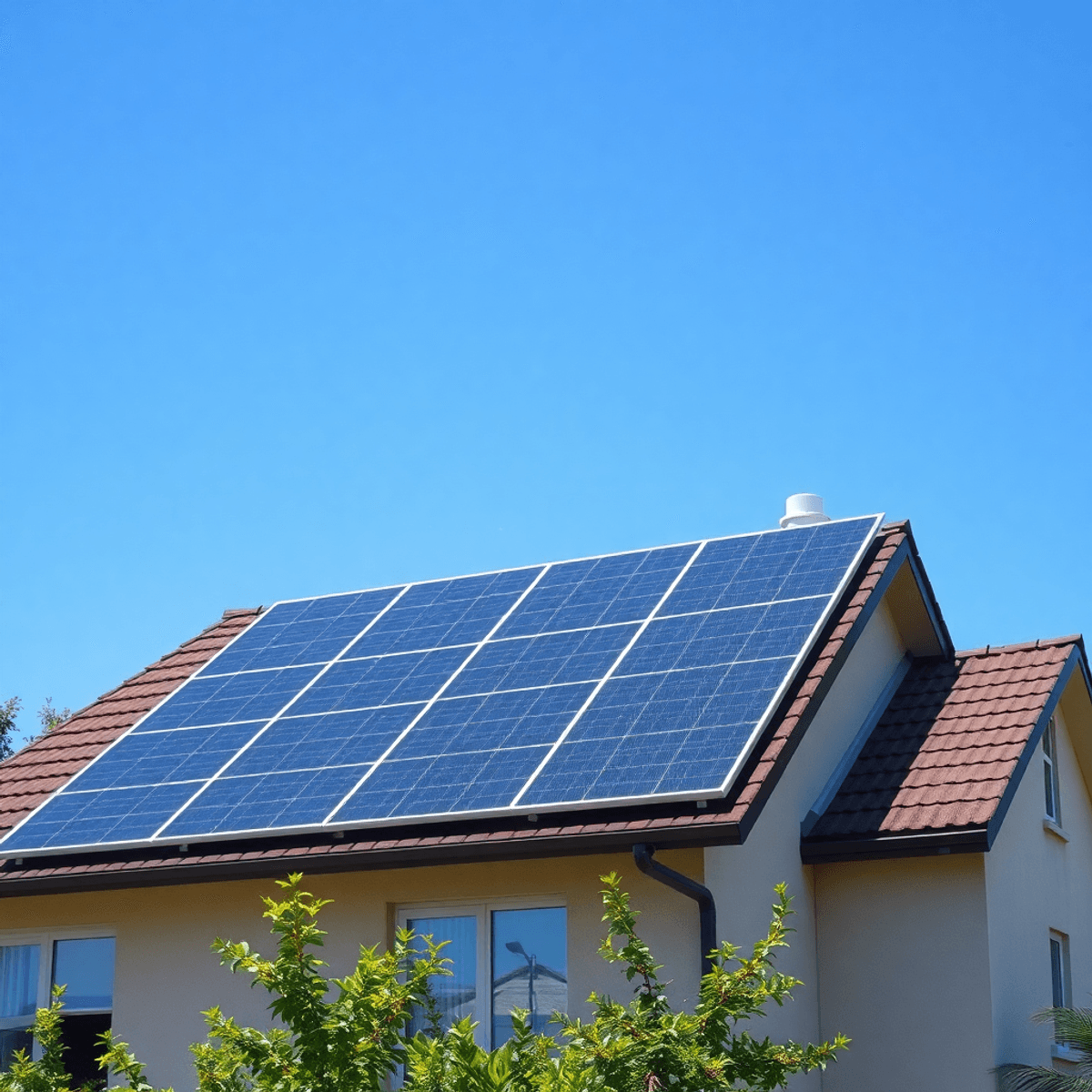 Modern solar panels on a rooftop under a bright blue sky, surrounded by greenery, highlighting advanced technology and environmental sustainability.