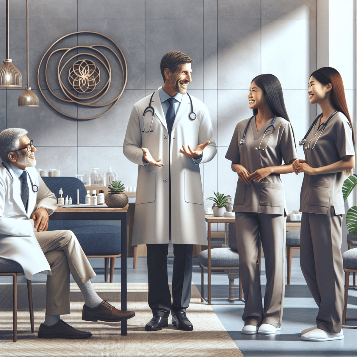 Franchise FOCO and FOFO Model 9 A group of diverse healthcare professionals, including a Caucasian male doctor in a white coat and stethoscope and a South Asian female nurse in scrubs, engaged in an animated discussion in a modern clinic. The room is decorated with healing plants and advanced medical equipment, reflecting a commitment to holistic health solutions and community wellness.