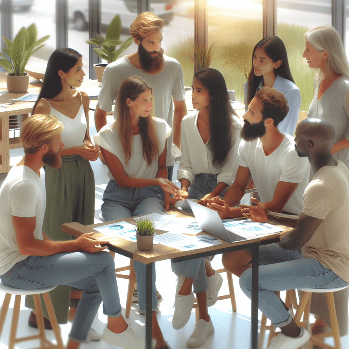 Franchise FOCO and FOFO Model 3 A diverse group of franchise partners, including Caucasian, Hispanic, Black, Middle-Eastern, South Asian, and White individuals, engaged in a collaborative discussion inside a bright and inviting wellness center. The space is filled with lush greenery, wellness products on display, and an overall atmosphere of camaraderie and positivity among the team members.