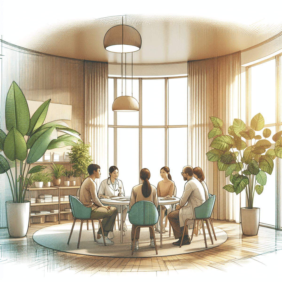 Franchise FOCO and FOFO Model 7 A modern clinic filled with soft natural light, featuring a Caucasian woman and an Asian man seated around a table engaged in a discussion about holistic health strategies, surrounded by green indoor plants that symbolize healing and wellness.