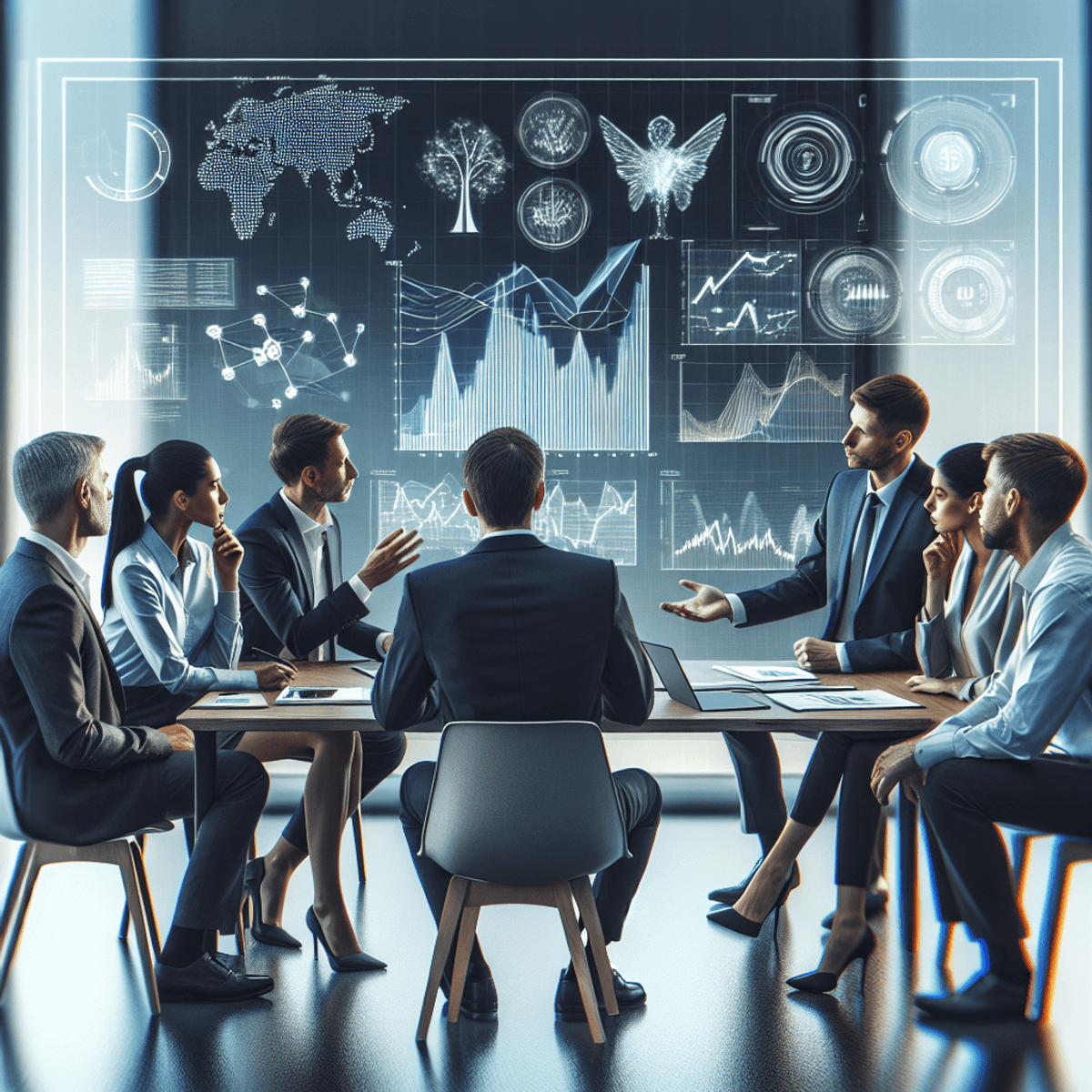 Franchise FOCO and FOFO Model 4 A diverse group of business professionals, including men and women of various descents, are engaged in a serious discussion about investment strategies in a modern office setting. They are gathered around a digital screen that displays symbolic charts and graphs, with focused expressions and collaborative body language indicating strategic planning.