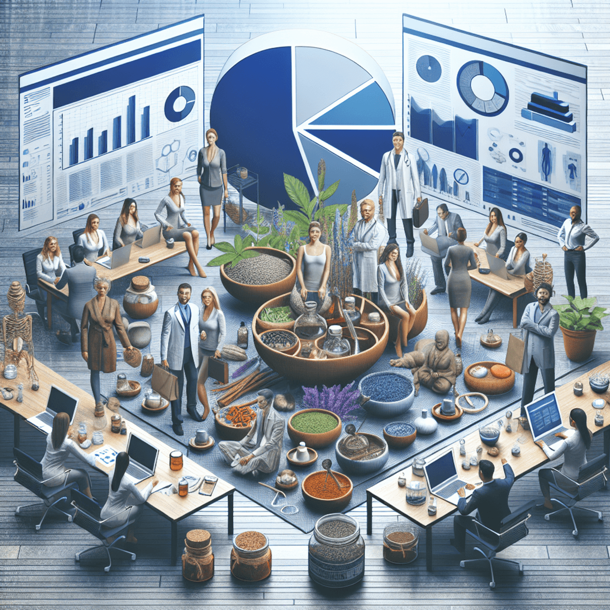 Franchise FOCO and FOFO Model 8 A modern office scene featuring a diverse group of people, including Caucasian and Hispanic individuals, collaborating around a large table. Laptops displaying graphs and pie charts are open in front of them, while the table is adorned with Ayurvedic products like herbal tea jars, yoga mats, and essential oil bottles. The atmosphere exudes positivity and teamwork, highlighting the synergy between digital marketing and the success of a health-focused franchise.