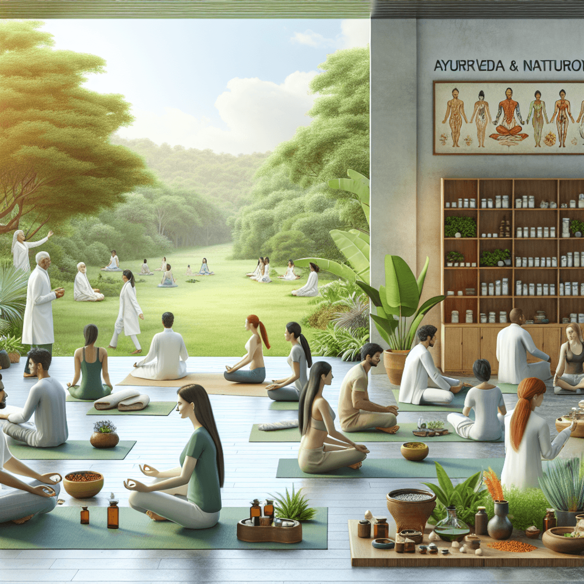 Franchise FOCO and FOFO Model 2 A serene Ayurveda and Naturopathy clinic surrounded by lush greenery, featuring Caucasian and Hispanic individuals practicing yoga and meditation in a tranquil setting, with visible organic and herbal remedies reflecting Ayurvedic tradition.