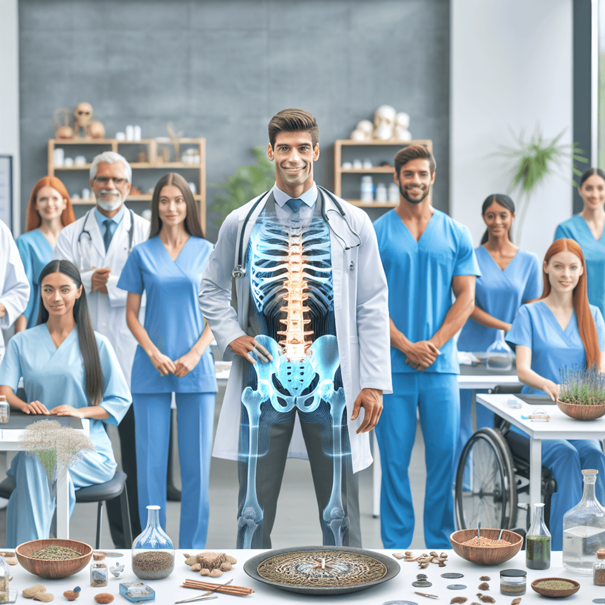 Franchise FOCO and FOFO Model 5 A diverse group of healthcare professionals, including a Caucasian male doctor and an Asian female nurse, collaborate in a modern spine and neuro care clinic. The clinic features advanced medical equipment alongside Ayurvedic herbs displayed on shelves, emphasizing a holistic approach to healing. All individuals, representing various ethnic backgrounds, are engaged in discussion and teamwork, showcasing compassion and professionalism in their interactions. Natural elements subtly enhance the modern setting, highlighting the integration of herbal remedies with contemporary medical practices.