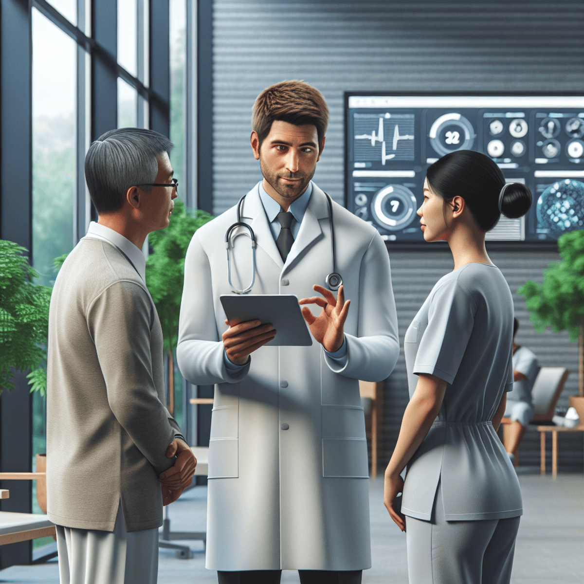 Franchise FOCO and FOFO Model 6 A Caucasian male doctor in a white coat holds a digital tablet while discussing with an Asian female nurse in scrubs, both displaying professionalism and dedication. They are engaged with a Hispanic patient who appears attentive and hopeful. The modern healthcare facility features lush green plants symbolizing natural healing, various therapy tools for rehabilitation, and digital screens showing anonymized health progress charts, creating an atmosphere of comprehensive wellness.
