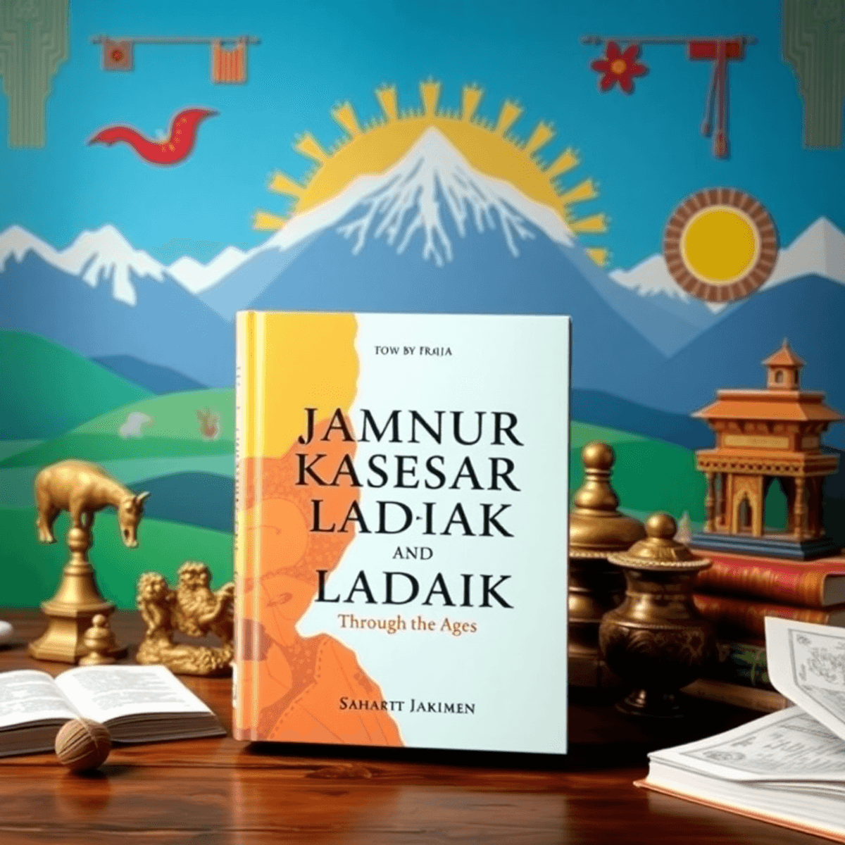 A colorful image of the book "Jammu Kashmir and Ladakh: Through the Ages" on a table, surrounded by historical artifacts, cultural symbols, and scenic landscapes from the regions.