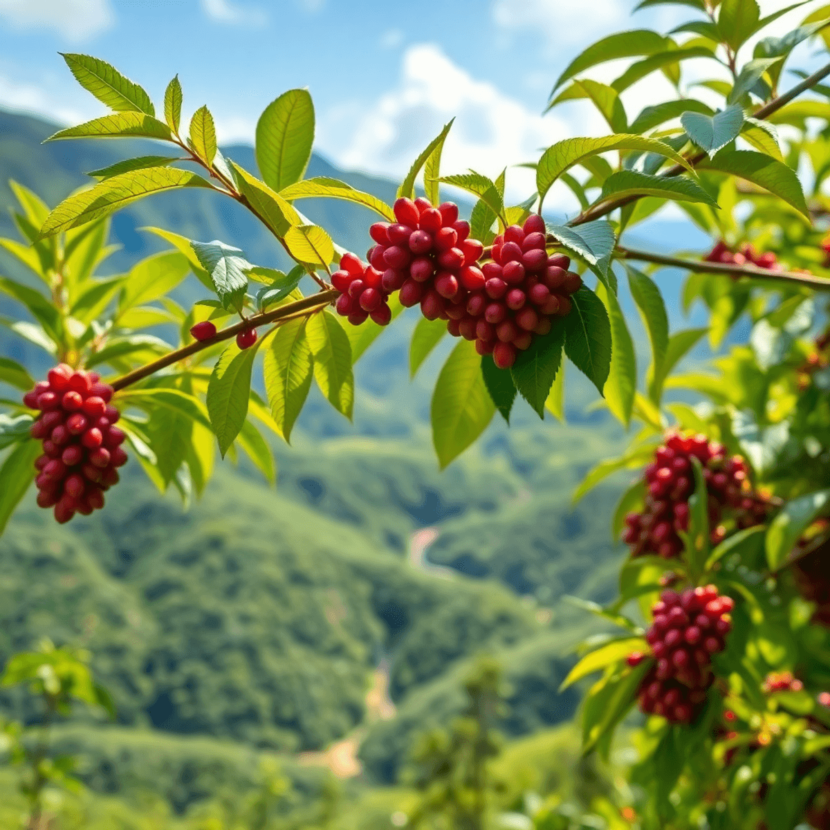 Lush green coffee plantations in the mountains, vibrant coffee cherries on branches, under a bright blue sky, highlighting the beauty of the Coffee Triangle region.
