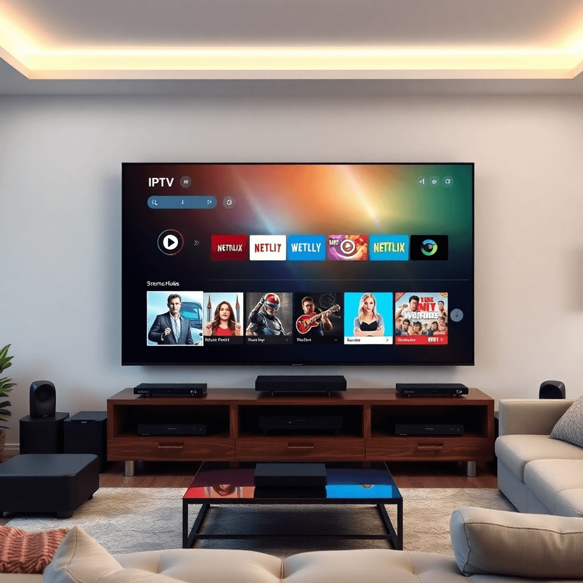 IPTV Ontario – Best IPTV Services & Subscriptions in 2025 5 Modern living room with a large flat-screen TV displaying a vibrant IPTV interface, surrounded by sleek tech devices in a cozy setting.