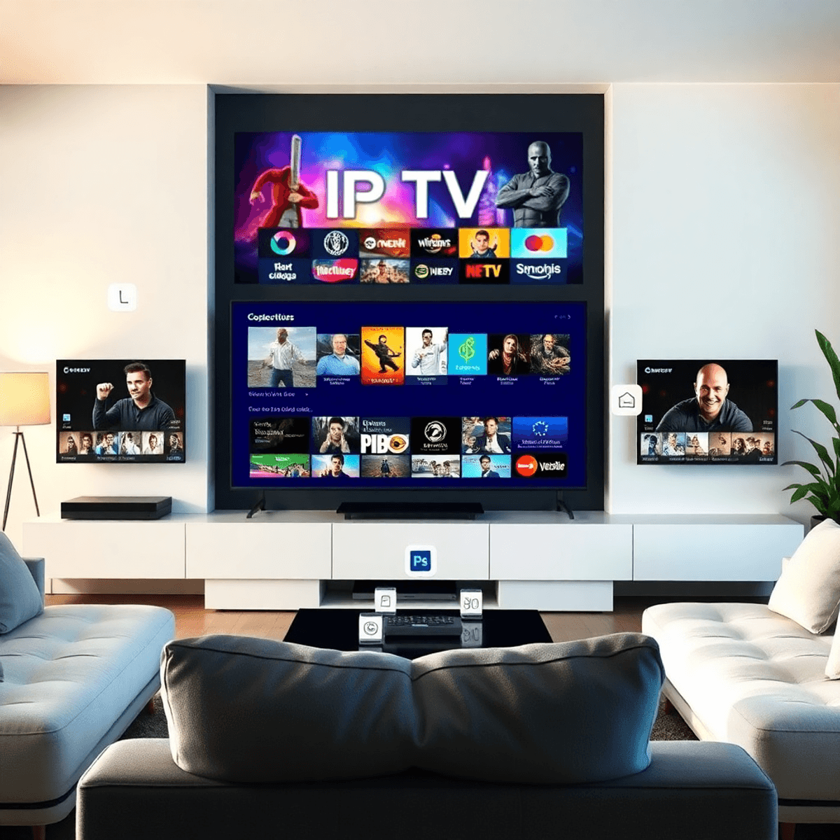 IPTV Ontario – Best IPTV Services & Subscriptions in 2025 1 Modern living room with large flat-screen TV showing vibrant streaming content, surrounded by IPTV icons, in a bright and inviting setting.