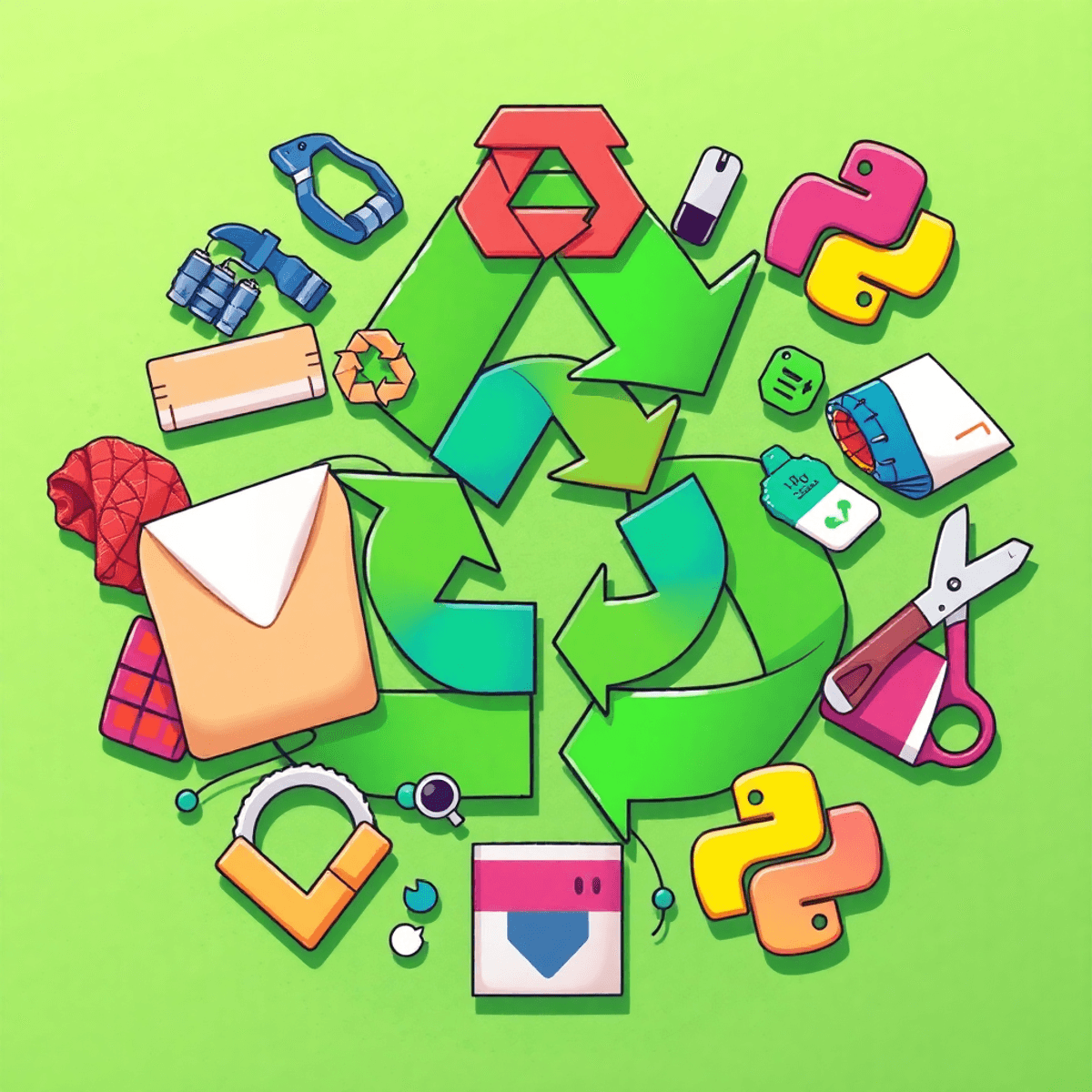 A colorful illustration blending recycling symbols with fabric swatches and sewing tools, integrated with coding symbols against an eco-friendly green background.