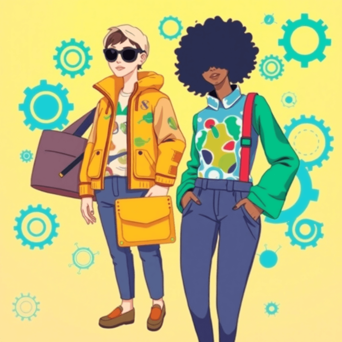 A modern illustration of sustainable fashion with eco-friendly clothing and accessories, surrounded by technology symbols on a bright, inviting background.