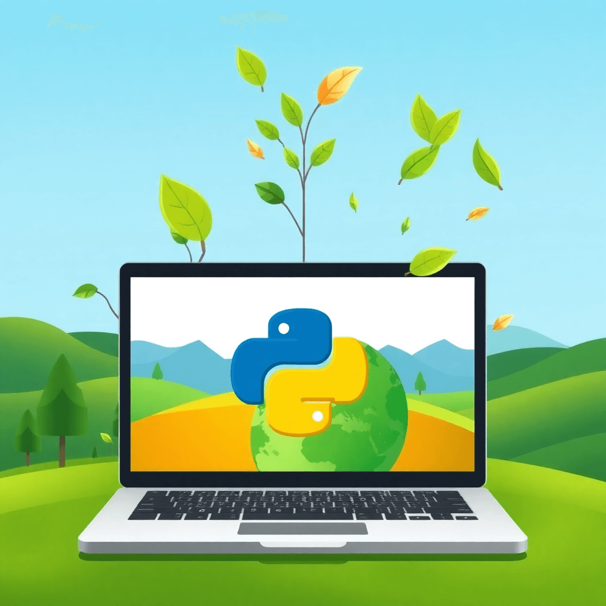 A laptop with Python code on the screen, surrounded by trees and leaves, with a globe nearby, set against a clear blue sky and green landscapes.