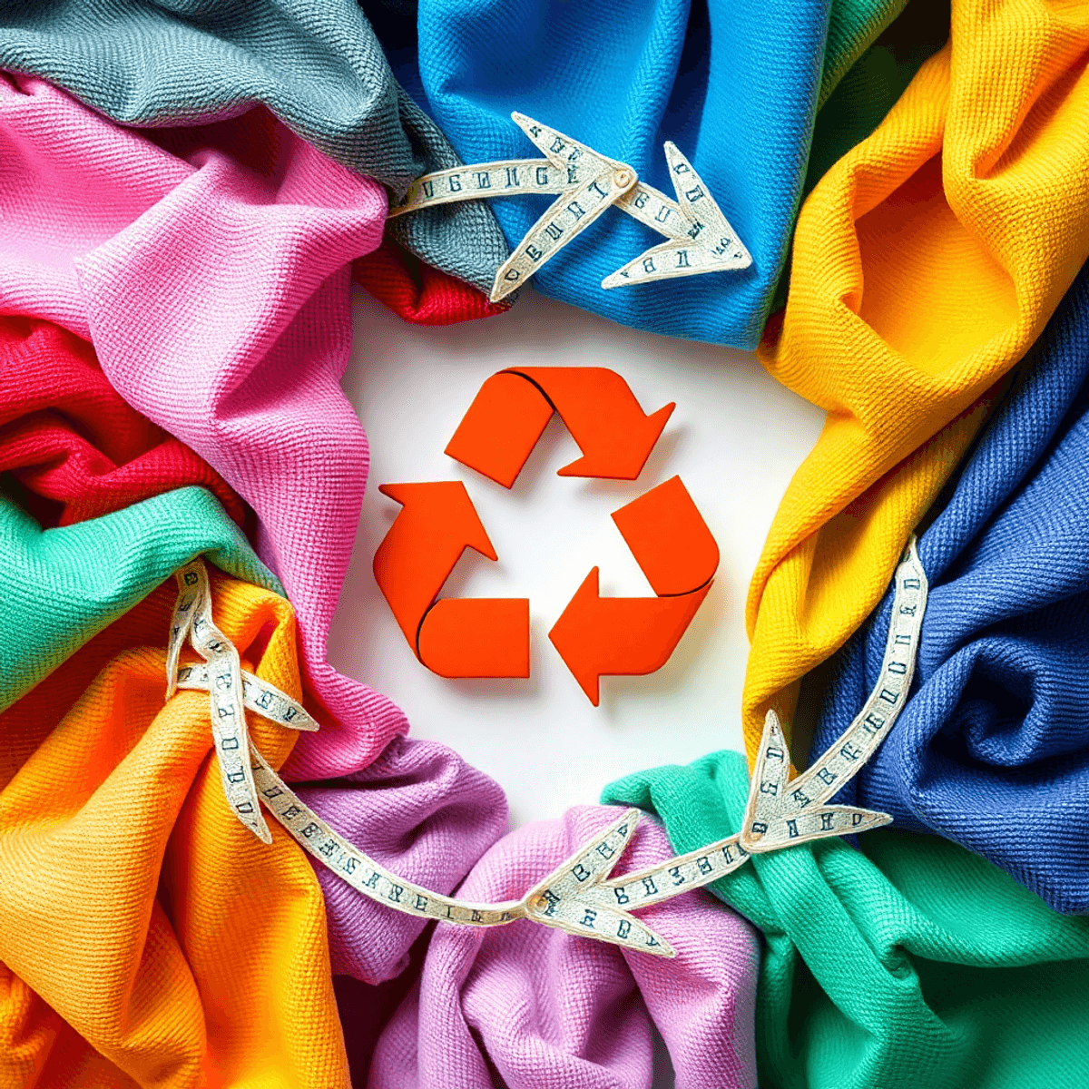 A circular textile recycling process showing colorful fabrics, spools of thread, and a recycling symbol, highlighting the transformation into new products with varied textures.