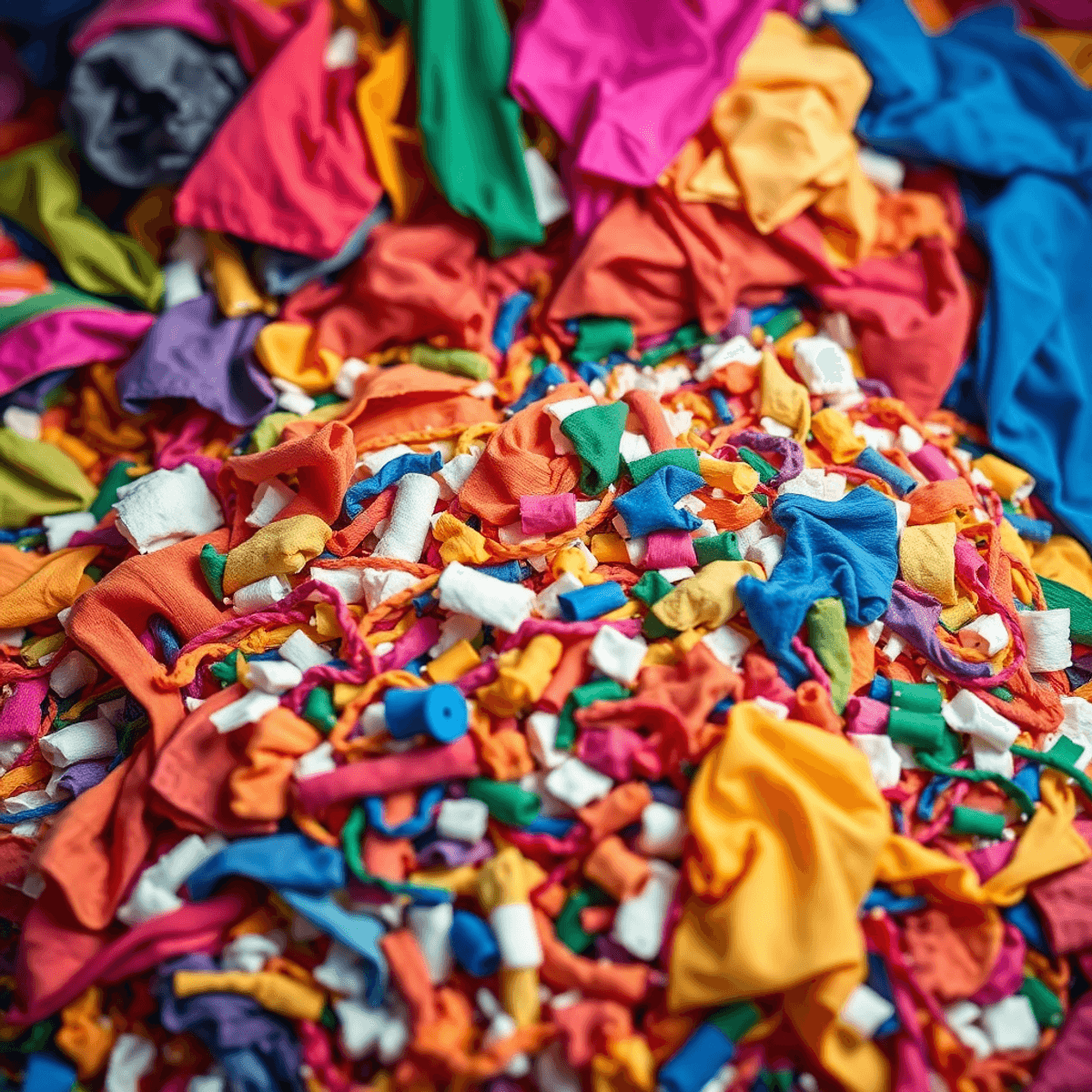 A vibrant pile of colorful textile waste with Python code snippets subtly integrated in the background, symbolizing innovative waste management solutions.
