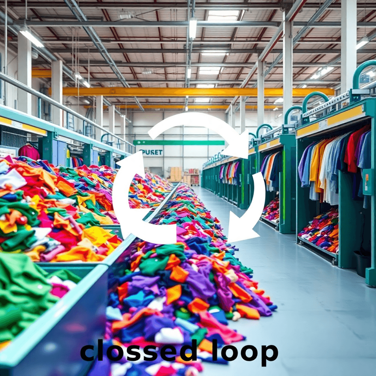 A modern recycling facility with automated machinery sorting colorful textiles, surrounded by a clean, eco-friendly environment and arrows illustrating the closed-loop recycling process.