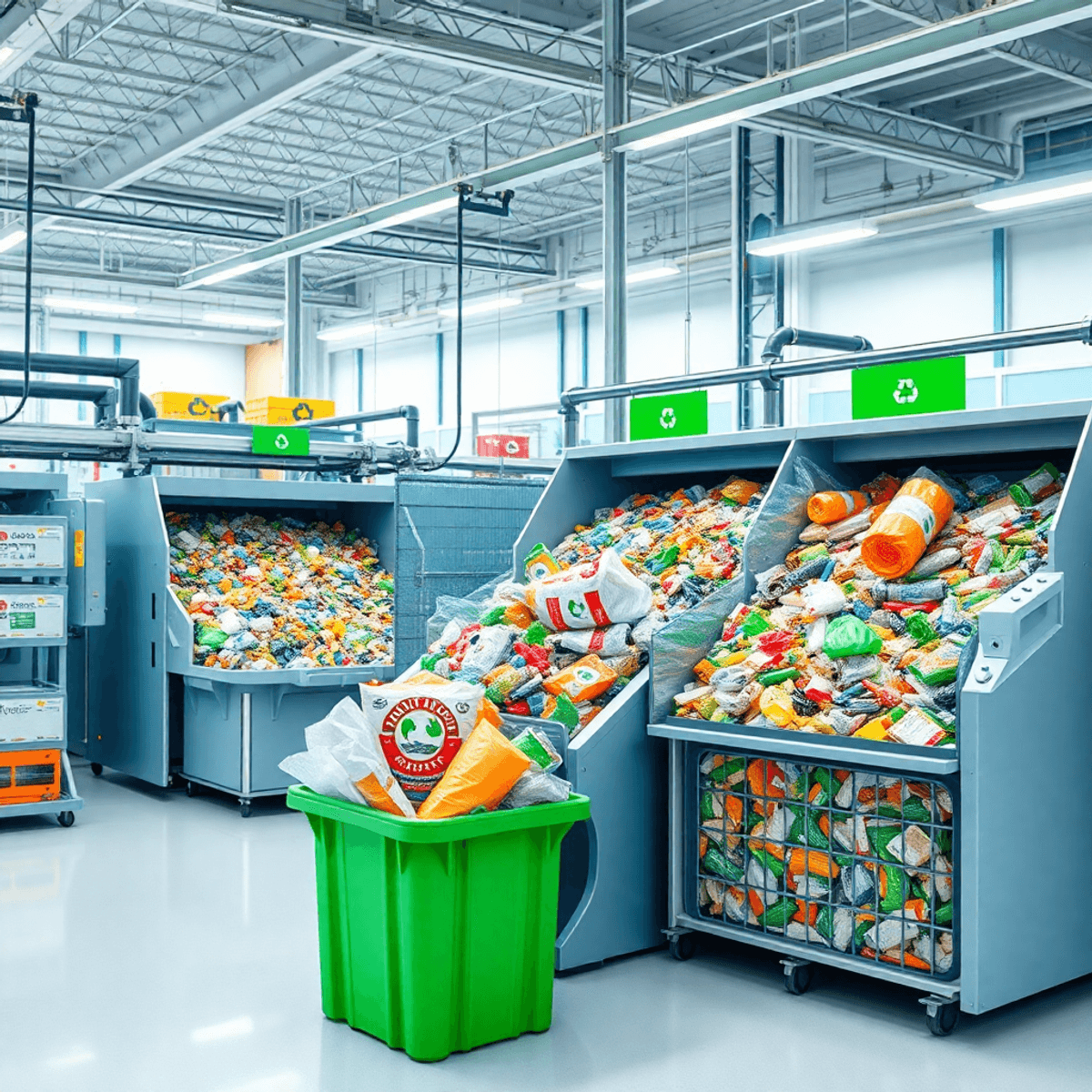 A modern recycling facility with advanced sorting machines efficiently organizing plastics, metals, and paper in a clean, organized environment.