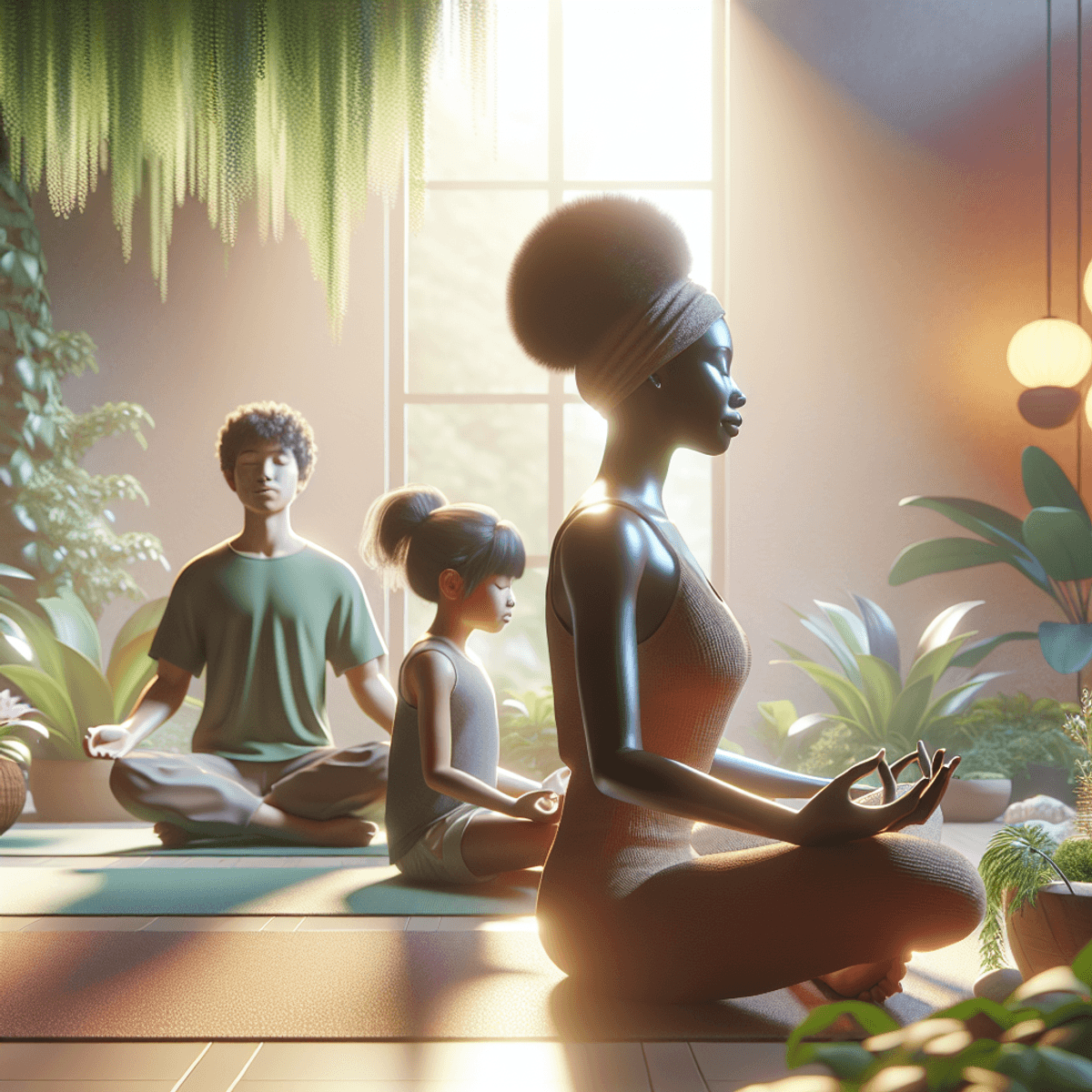 Sinocare Best Treatment for Sinus Migraine 5 A serene wellness environment showcasing a Black woman, a South Asian man, and a Hispanic child practicing yoga together. They are surrounded by lush green plants, soft warm lighting emanating a peaceful glow, creating an atmosphere of holistic healing and tranquility. The trio is engaged in meditation, embodying harmony and connection with nature.