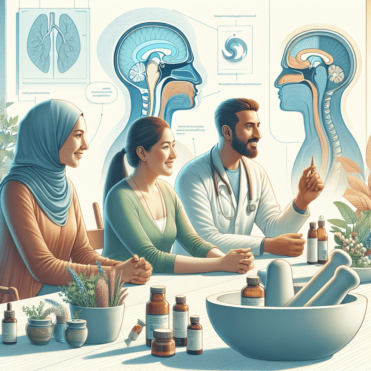 Sinocare Best Treatment for Sinus Migraine 3 A diverse group of three individuals engaged in a lively discussion about health and wellness. The Middle-Eastern-speaking woman, wearing a vibrant scarf, is animatedly expressing her thoughts. Beside her, a Hispanic man nods in agreement, his expression thoughtful as he listens. The Asian woman, with a warm smile, is contributing to the conversation. They are seated comfortably in a bright room filled with natural light, surrounded by plants and cheerful decor. In the background, abstract illustrations of sinus anatomy blend seamlessly into the environment. On a nearby table, a mortar and pestle filled with fresh herbs and bottles of essential oils suggest their focus on managing sinus migraines through natural remedies. The scene radiates positivity and collaboration without any text present.