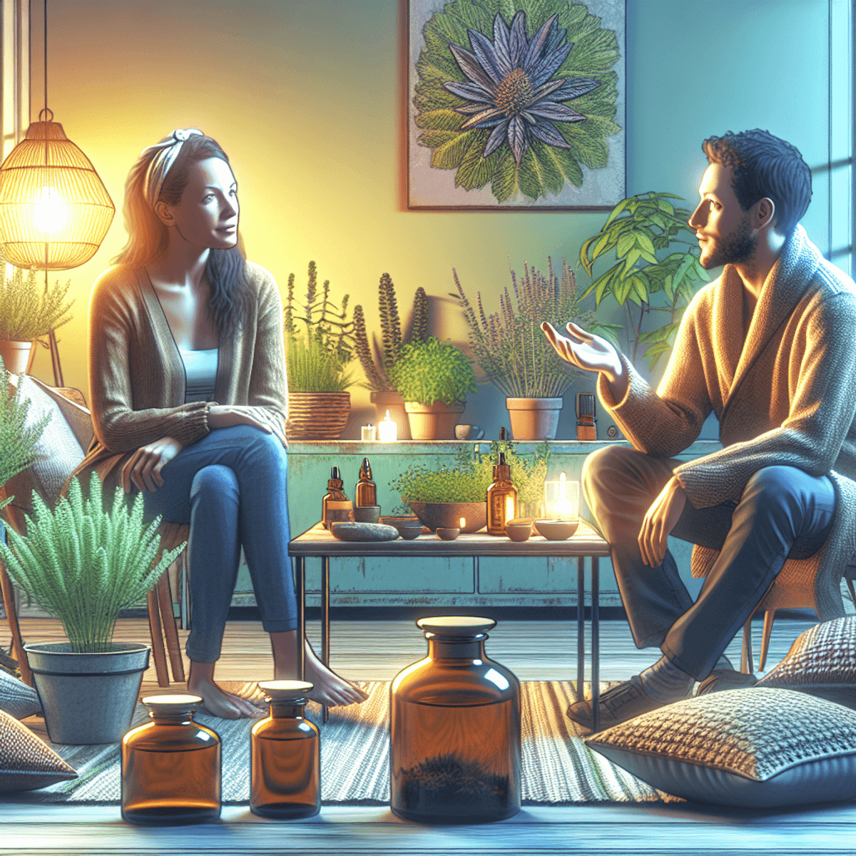 Sinocare Best Treatment for Sinus Migraine 7 A Caucasian woman and a Hispanic man sit on a comfortable couch in a warmly lit living room, surrounded by potted herb plants like mint and eucalyptus on a nearby shelf. Essential oil bottles are artfully arranged on a coffee table adorned with soft blankets and cushions. The woman gestures animatedly while the man listens attentively, both appearing engaged and relaxed. A gentle glow from a lamp casts a soothing light over the scene, enhancing the cozy atmosphere that reflects their conversation about home remedies for sinus migraines.