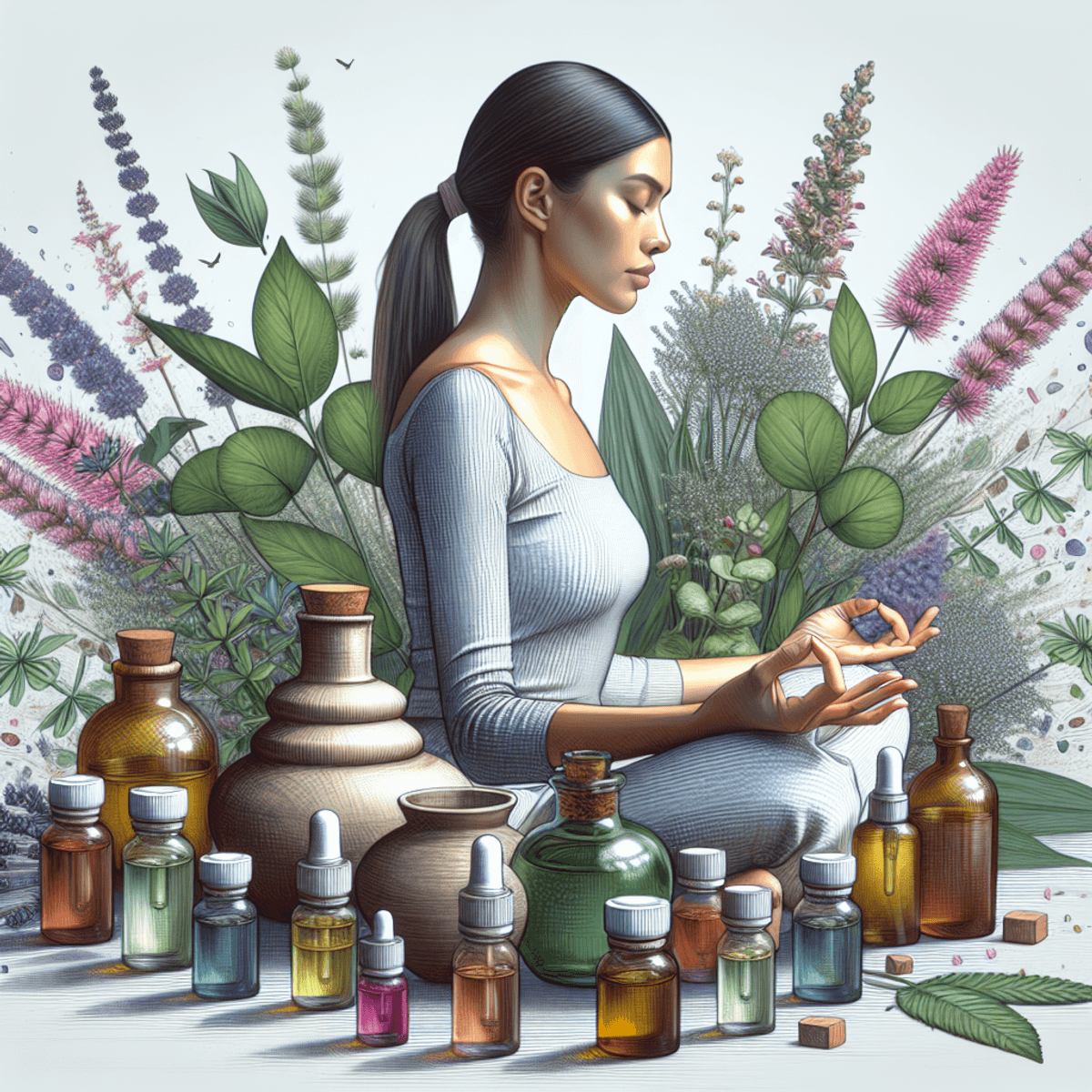 Sinocare Best Treatment for Sinus Migraine 8 A serene scene featuring a Hispanic woman seated in a meditative pose, surrounded by an array of colorful herbal plants and glass bottles of essential oils. The woman exudes tranquility, her eyes closed and a peaceful expression on her face. The diverse shapes and sizes of the plants create a calming atmosphere, while the soft lighting enhances the feeling of wellness and relaxation, symbolizing relief from sinus migraines.