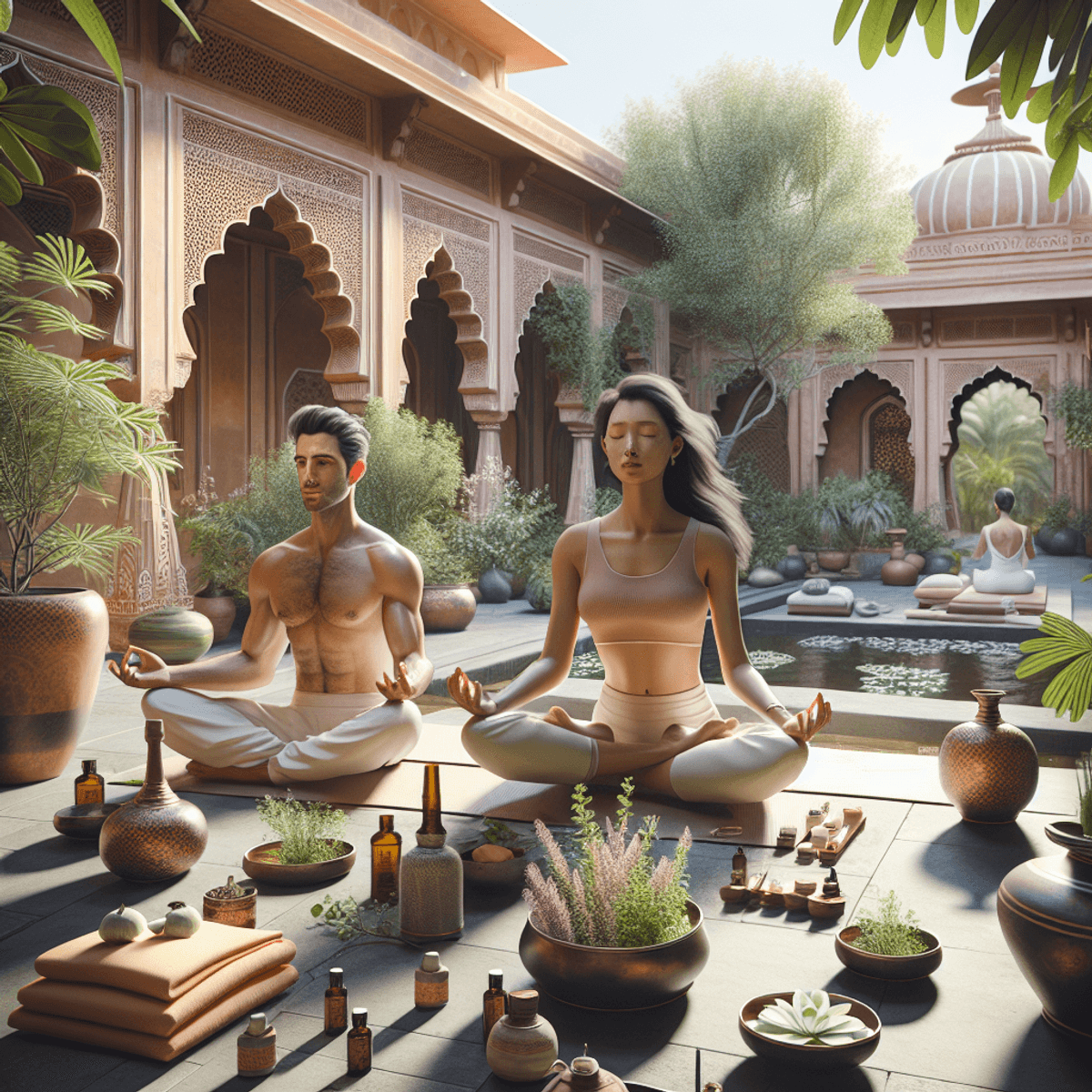 Sinocare Best Treatment for Sinus Migraine 2 An East Asian woman and a Caucasian man practicing yoga and meditation in a serene wellness center in Jaipur, India, surrounded by traditional Indian architecture and lush greenery. Ayurvedic elements like plants, oils, and pottery are scattered throughout the space, creating a calm and tranquil atmosphere. The scene captures a realistic aesthetic with soft lighting that enhances the peaceful vibe.