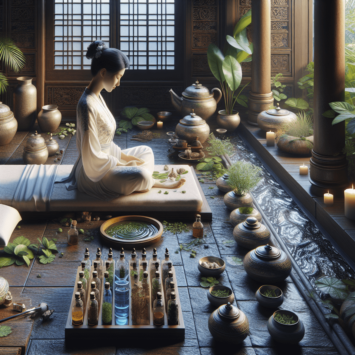 Sinocare Best Treatment for Sinus Migraine 4 A serene Ayurvedic clinic scene featuring an Asian woman, dressed in traditional attire, gently applying a calming treatment for sinus migraines. Surrounding her are various herbal remedies stored in elegant vessels, while the atmosphere is enriched by the presence of lush green plants, softly flowing water, and flickering candles, all contributing to a sense of balance and holistic healing.