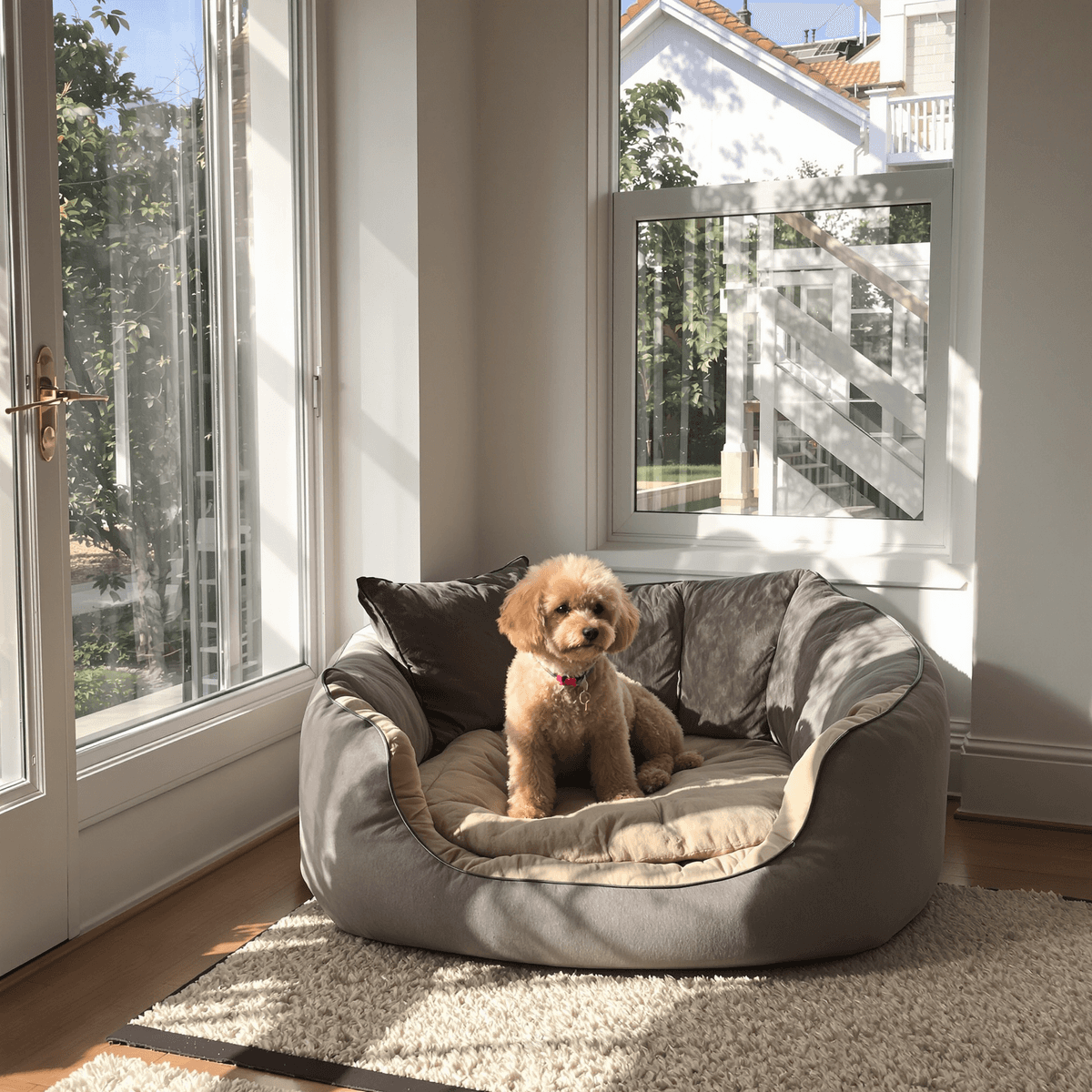 Modern living room with a cozy dog bed, a small fluffy dog sitting contentedly, minimal pet hair, and sunlight streaming through large windows.