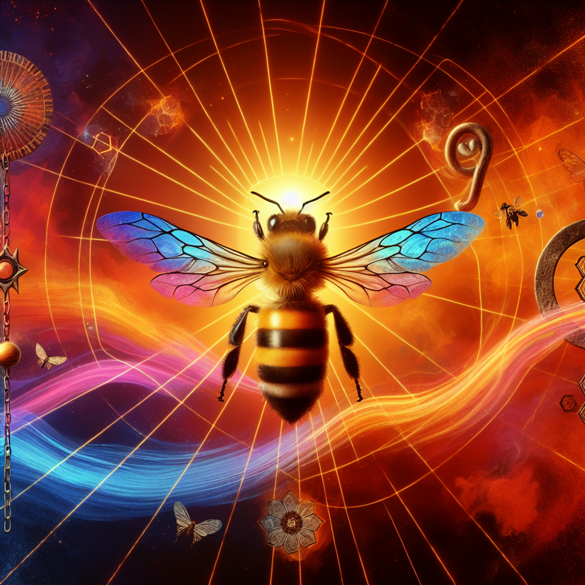 A close-up image of a bee with its stinger prominently displayed against a backdrop of a rising sun and a broken chain, using vibrant and energetic colors to symbolize awakening and inner healing.